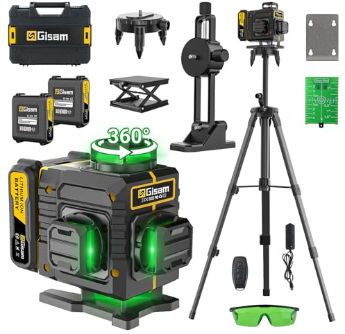 Laser Level with Tripod Cross Line for Indoor Outdoor Construction | Multifunctional 4D 16 Lines, 360° Rotation Window, Self-Leveling & Pulse Mode, 2 * 4800mAh Li-ion Batteries & Type-C Port