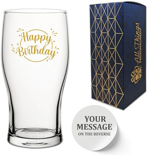 Personalised Novelty Happy Birthday Gold Printed Beer Cider Tulip Pint Glass, Customise the Reverse with Your Text for Any Occasion, Gift Box Included, Printed and Engraved in the UK