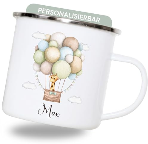 smartaini Personalisierte Emaille-Tasse mit Namen & Motiv – Becher 330 ml, leichte Emaille Tasse personalisiert, robuster Becher mit Namen, Camping Tasse (Heißluftballon)