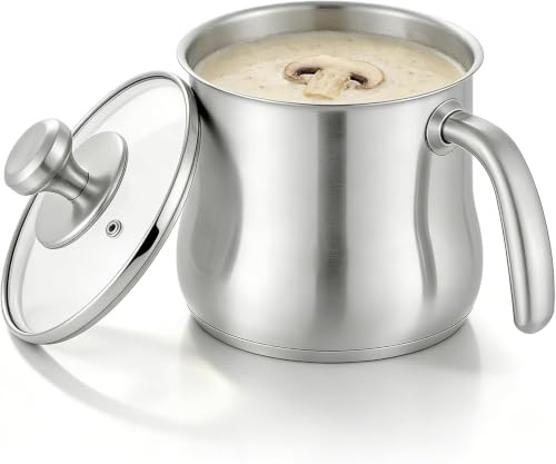 2 L Casserole À Lait, Casserole en Acier Inoxydable avec Couvercle en Verre et Poignée Ergonomique, Pichet A Lait Pour Sauces,Lait De Cuisson,Sauce,Pâtes,14 cm