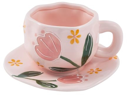 Yebaohond 320ml Ceramic Coffee Cups and Saucer Sets, Irregular Tea Cups, Floral and Pastoral Style (Pink Mist Tulip)