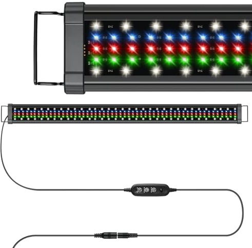 Teodute Aquarium LED Beleuchtung 113–153cm, 228 LEDs 9000Lux, Doppelsteuerung Fernbedienung+Kabelcontroller, 20 Helligkeitsstufen, 6 Dynamikmodi 24/7 Zyklus IP67 für Aquarium & Terrarium