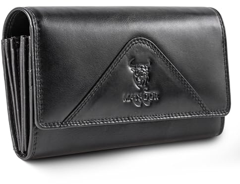 MATADOR Leder Geldbörse Damen Schwarz Groß #Budapest mit Geschenk Verpackung, Luxus RFID Geldtasche Frauen Gross, Brieftasche Frauen Groß Viele Fächer, Edles Portemonnaie Damen Schwarz Nappa