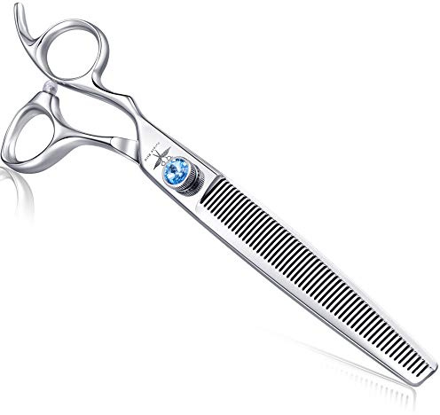 PURPLEBIRD 7.5 Inch Left Handed Straight Dog Grooming Scissors Professional Pet Thinning Texturizing Shears Safety Noiseless Blunt Tip Trimming Shearing for Dogs Cats Japanese Stainless Steel Silver