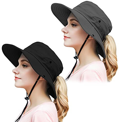 2-pack kvinnor utomhus sommar solhatt UV-skydd brett brätte vikbar safari fiskemössa, Svart, one size
