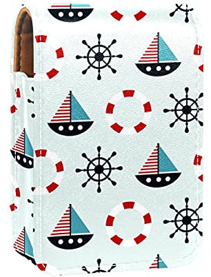 Makeup Lipstick Case for Outside Nautical Sailing Lifebuoy Portable Lipstick Organizer with Mirror Ladies Mini Makeup Bag Takes Up to 3 Lipstick