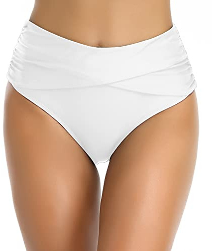 SHEKINI Badeanzug Bikinihose Damen Schwarz Badehose Ruched High Waist Bauchweg Retro Abdominal Kontrolle Badeshorts (L,Weiß)