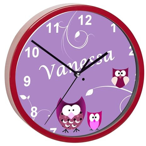 CreaDesign, Wanduhr Kinder personalisiert mit Name, Motiv Eule lila, Rahmen Wanduhr rot, Ø 19,5 cm