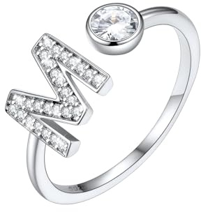 SILVERCUTE Damen Mädchen Statement Ring Buchstabe M 925er Silber Initiale Offener Ring mit Zirkonia verstellbar Fingerring Schmuck für Weihnachten Valentinstag