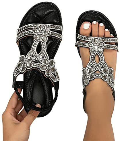 Minetom Flache Sandalen Damen Strass Boho T-Riemen Frauen Sandalen Weichen Sohlen Sommerschuhe Gummiband Slingback Zehentrenner Sandalen Strandschuhe