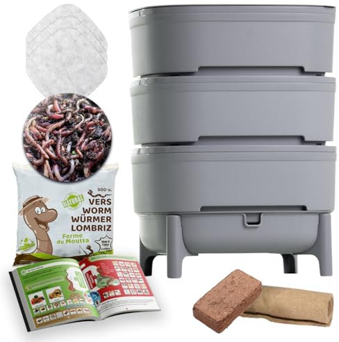 WORMcube Grau Design & Compact I 3-Etagen-Wurmkomposter I 250 gr Kompostwürmer / 500 STK. I Komplett-Set I Stoppfilter zum Ertrinken von Würmern