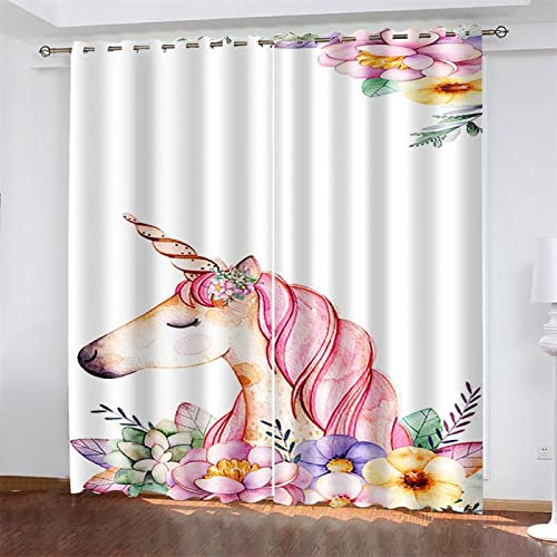 MTBDyyds Minimalistisch Einhorn Blumig 300X280Cm Verdunkelungsvorhänge 3D Drucken Verdunklungsvorhänge Kinderzimmer 2 Stück Vorhang Blickdicht Ösenschal Kindergardinen Junge Verdunklungsgardine