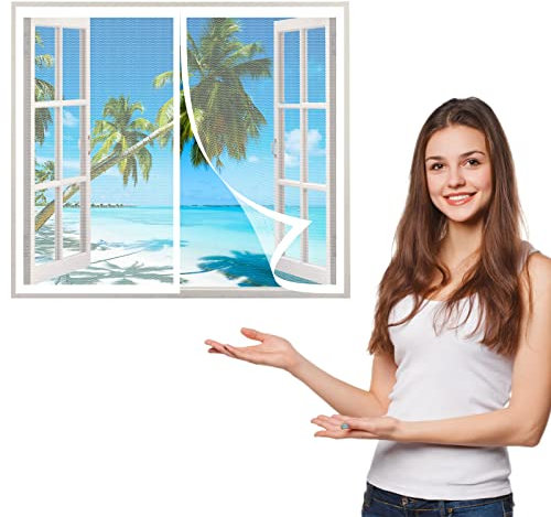 Fliegengitter Fenster 80 x 140 cm, Insektenschutz Polyester Atmungsaktiver Masche, Einfache Installation für Alle Fenster, Weiß