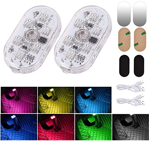 URAQT Éclairage Intérieur de Voiture, 2PC 7 Couleurs Lumière Colorée Interrupteur Tactile Lampe Voiture Intérieur, 6 LED 2 Modes de Réglage sans Fil avec Port USB, pour Camion Van Camping-Car