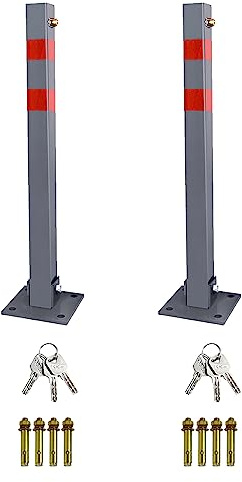 Randaco 2 set Parkpfosten Absperrpfosten mit 3 Schlüssel, Reflexstreifen, Stahl klappbar Parkplatzsperre Parkplatzsperren Robust Standfuß Sperrpfosten Set