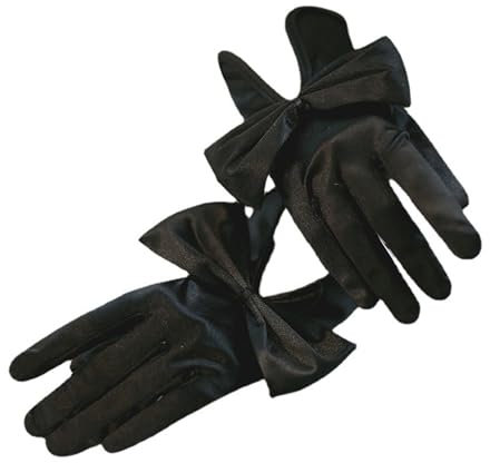 Fiauli Party-Satin-Handschuhe für Damen, Satin-Schleifen-Dekor, einfarbig, Vintage-Stil, Hochzeitshandschuhe, Schleifen-Dekor-Handschuhe, Schwarz , Einheitsgröße