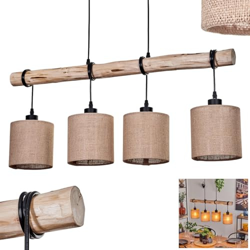 HOFSTEIN Pendelleuchte Soungou, moderne Hängelampe aus Holz/Metall/Leinen in Natur/Schwarz/Beige, 4-flammige Hängeleuchte im skandinavischen Design, Höhe max. 180 cm, E27, Wohnzimmer, Esszimmer, Küche