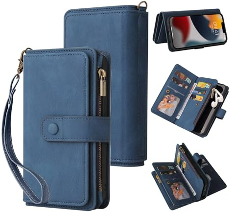 GoodcAcy Handyhülle für Xiaomi 13T/Xiaomi 13T Pro/Redmi K60 Ultra Hülle,Premium Lederhülle Klappbar Flip Case Reißverschluss Magnetverschluss Brieftasche mit 15 Kartenfächern Standfuntion Retro -Blau