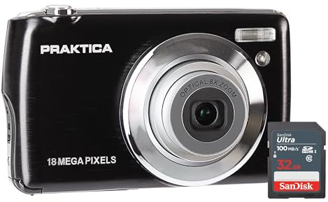 Praktica Compact Digital Camera with SanDisk 32GB SD Card - Rechargeable, Portable, FHD 1080P, 18MP, 8x Zoom, 2.7 LCD Screen