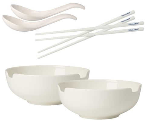 Villeroy & Boch Soup Passion Suppen-Set 6-teilig, Asia-Suppenschalen (1,4 Liter), Asialöffel und Essstäbchen für 2 Personen, Premium Porzellan, Weiß