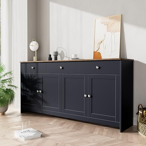 Aparador gris y negro con grano de madera, cuatro puertas, color madera y gris negro, TRES cajones, sala de estar, comedor