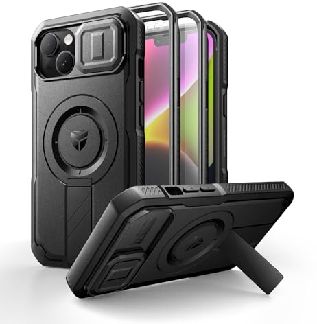 Dexnor Kompatibel mit iPhone 13/14 Hülle mit Kameraabdeckung Schieben & Einstellbarer Kickstand & Integrierter Displayschutz, Robuste stoßfeste Bumper Heavy Duty Mangetic Schutzhülle - Schwarz