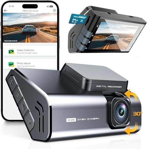 IIWEY 4K Dash Cam Front, Voice Control, Aluminum Alloy Body Car Cam, 3 Inch HD LCD Screen, Built-in WiFi, Free 64GB SD Card, Parking Monitoring, WDR, Super Night Vision, 160 ° Wide Angle, USB C Port