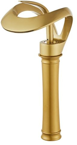 Grifo de lavabo alto de cascada moderno grifo mezclador de lavabo de arco alto en latón con control de agua caliente y fría, acabado dorado esmerilado