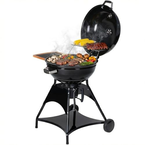Tarrington House Barbecue a Carbone Burnaby Ø 53 cm, Acciaio, con Tavolino Laterale Pieghevole, 2 Ruote, Nero