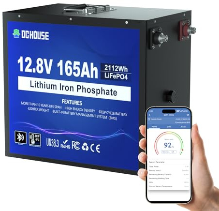 DCHOUSE 12V 165Ah LiFePO4 Lithium Batterie, Bluetooth & Niedrigtemperaturschutz, sichere Metallhülle, 12V Lithium Batterie mit bis zu 15000 Zyklen, 120A BMS, für Trolling Motoren, Marine, RV, Solar