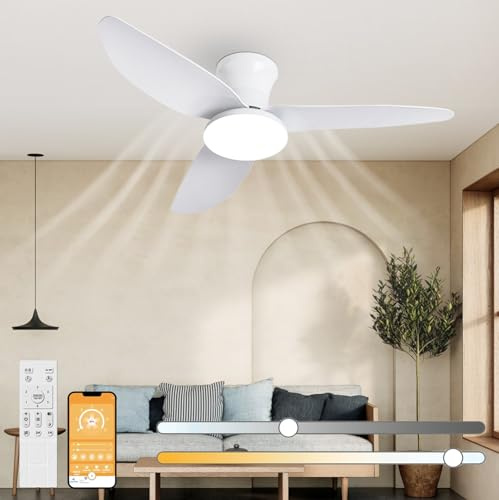 ANKBOY Silencioso Ventilador de Techo con Luz, 107cm Reversibles Ventilador de Techo con Mando a Distancia, Regulable Lámpara LED 6 Velocidades con Temporizador para Dormitorio Salón, Blanco
