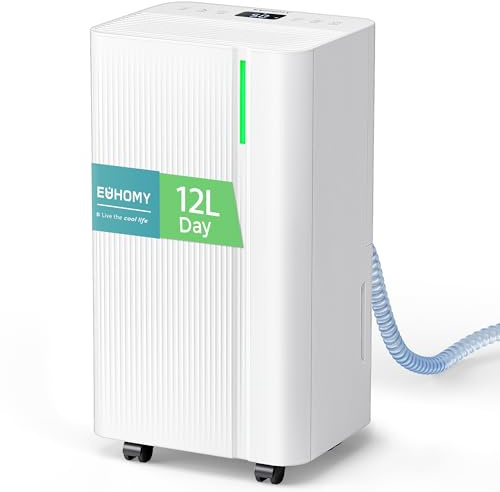 EUHOMY 12L/Day Dehumidifiers for Home, Smart Electric Dehumidifier for Drying Clothes, Low Energy & Ultra-quiet, with Auto-Defrost & Humidity Sensor, 24-Timer, Continuous Drain