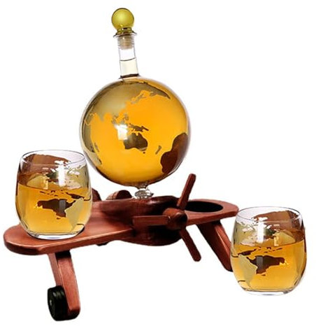 Airplane Globe Decanter Set - Globe Decanter with Boat, Whiskey Decanter, Unique Whiskey Liquor Decanter with 2 Glasses and Wooden Stand for Liquor and Bourbon and Other Esp