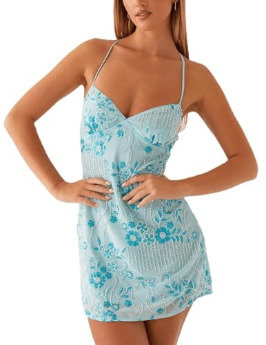Qianderer Women Sequin Sparkly Mini Dress Sexy Y2K V Neck Floral Pearl Backless Cami Dresses Glitter Party Club Bodycon Short Dress Clubwear (Ba Blue, M)
