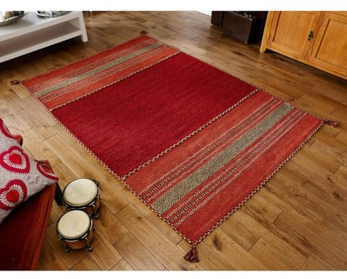 Rugstore shop ltd Area Rug Handwoven Geometric Stripe Rug with Tassels | Boho Vintage Red Runner Carpet, Soft Short Pile, Durable & Easy Care Floor Mat for Living Room Bedroom Hallway-70x140cm