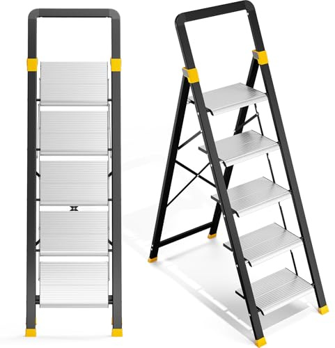KINGRACK Trittleiter 5 Stufen Klappbar Aluminium, Klappleiter mit Handlauf, Haushaltsleiter Anti-Rutsch-Stabilem und Breitem Peda, Leiter bis 150kg Belastbar für Haushalt, Küche, Büro | Leicht, robust, tragbar, platzsparend, breite Anti-Rutsch-Pedale, Komfort-Handlauf, 150 kg Tragkraft