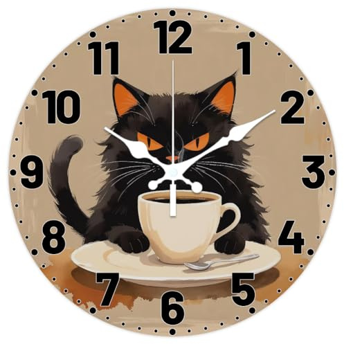 CHGCRAFT Kaffeemuster Wanduhr 12 Zoll Nicht Tickend Schwarze Katzenuhren Runde Wanduhr Batteriebetrieben für Schlafzimmer Wohnzimmer Küche Büro