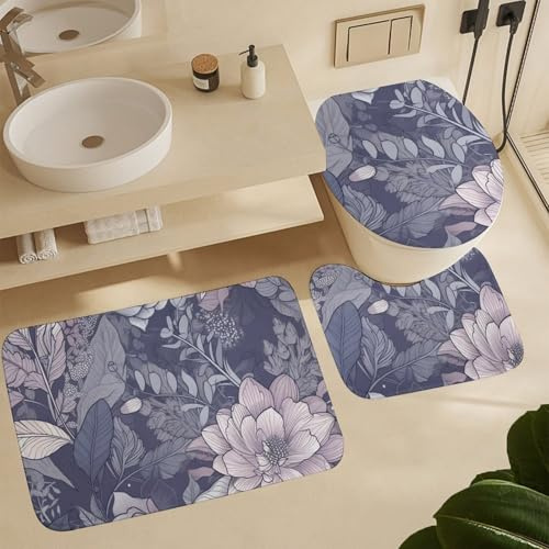 3 Piezas Juego De Alfombra De Baño Flower Y Hojas Moradas Forma De U para Baño Cómoda Antideslizantes Alfombras De Cama, para Dormitorio, Cocina, Bathroom