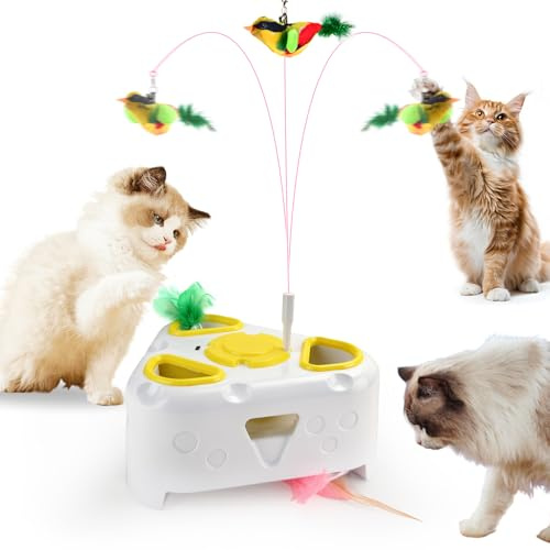 VICTERR Interaktives Katzen Spielzeug, Elektronisches Feder Spiel mit 6-Loch Maulwurf & rotierenden Federn, USB-aufladbar für Wohnungskatzen (Erwachsene & Kätzchen) Weiß