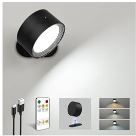 EZVALO LED Wall Lights, 2000mAh Rechargeable Wall Lights Indoor, 3 Color Temps with Remote and Touch Control, 360°Rotation Dimmable Cordless Wall Light for Living Room Bedroom (Black, 1 Pack)