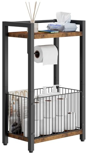 IBUYKE Fristående Toalettpappershållare med Lagringshylla, Badrum Toalettpappershållare med Extra Utrymme för Rullar, Tidsskrifter, Våtservetter Brun TLJ020H