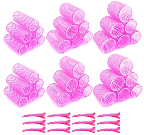 JZK 48 in 1 Grandi medi piccoli bigodini autoadesivi per boccoli capelli senza calore con fermagli, bigodini vecro per arricciare capelli lunghi/corti e frangia tendina, bigodino grande per volume