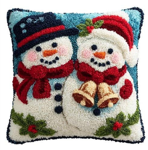 AxiangziK Weihnachten Knüpfkissen Zum Selber Knüpfen,Zwei süße Schneemänner,Knüpfen Set Handgemachte Geschenke Knüpfteppich Für Kinder Und Erwachsene Knüpfset,17x17in