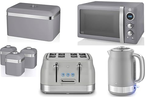 Swan Retro Revive Grey 1.7L 3KW Jug Kettle, 4 Slice Toaster, plus Retro 800W 20L Microwave, Breadbin & Canisters. Matching Vintage Design Kitchen Set of 7 in Grey with Chrome Accents