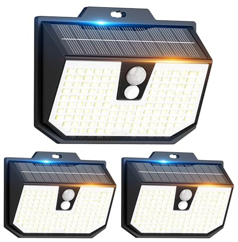 Solar Motion Sensor Lights Outdoor Garden, Solar Security Fence Wall Lights 3 Modes, 132 LED Solar Powered Outside Lights IP65 Waterproof for Garden Front Door Yard Garage 3 Pack Cool White 6000K
