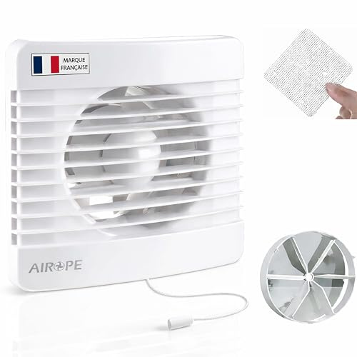 Airope 125 mm Ventilateur Extracteur d'Air VMC avec Interrupteur à Tirette, Clapet Anti-Retour + Moustiquaire, 9.1 W, pour Salle de Bain, Cuisine, WC, Silencieux, Garantie 5 Ans