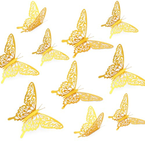 24uds Pegatinas de Mariposas para Pared, Adornos de Mariposas 3D Pegatinas Removibles Colores Vivos en 3 Tamaños Diferentes para Decoraciones Fiestas Cumpleaños (Color Dorado, Estilo 1)