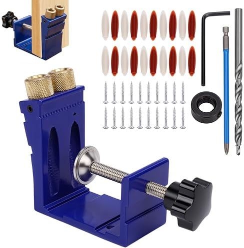 Pocket Hole Jig Kit, 15° Angle Drill Guide Joint Screw Set | Heavy-Duty Aluminum Alloy Woodworking Joinery Tool, Step Drill Bit, Screws & Plugs, DIY Carpentry Locator Wooden Furniture