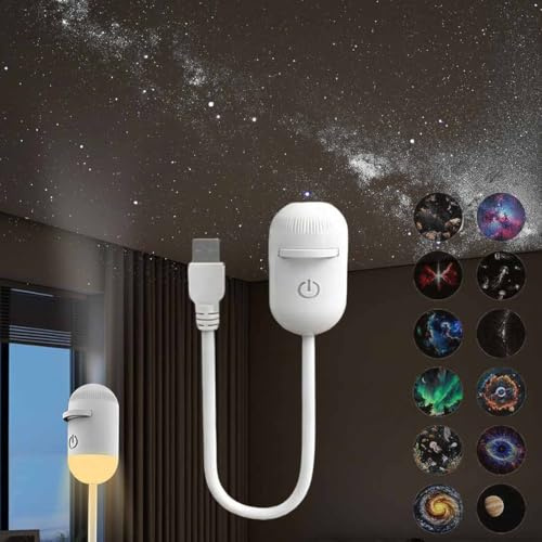 Proiettore galassia 2 in 1 con luce notturna, con 3/6/12 pellicole scorrevoli, per luce portatile USB con cielo stellato, rotazione a 360°, con luminosità dimmerabile per camera da letto. (12pcs)