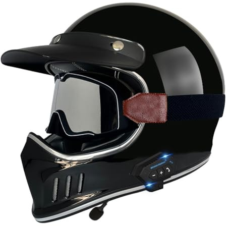 Caschi Integrale Retrò Con Occhiali Casco Moto Integrali Bluetooth Elmetto Integrato Approvato DOTECE Caschi Cross E Off-Road Con Altoparlante E Microfono Per Uomini Donne K,M:57-58CM